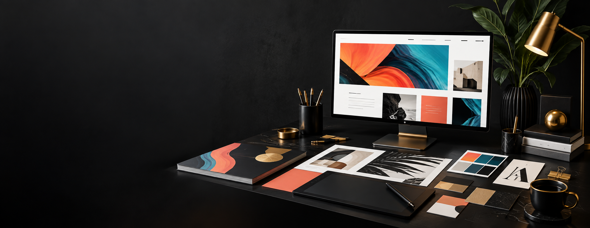 Creative studio with website layouts and graphic design materials